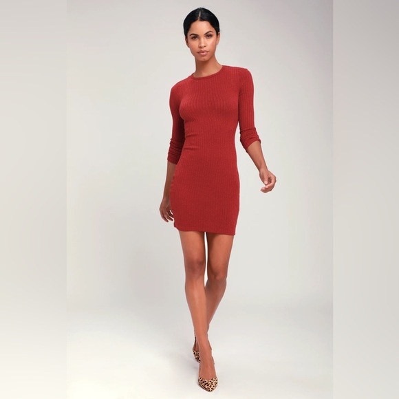Put on Your Playlist Rust Red Long Sleeve Bodycon Dress - Picture 3 of 6